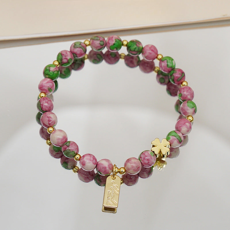 Wholesale Colorful Round Bead Four-leaf Clover Sweet Garnet Bracelet